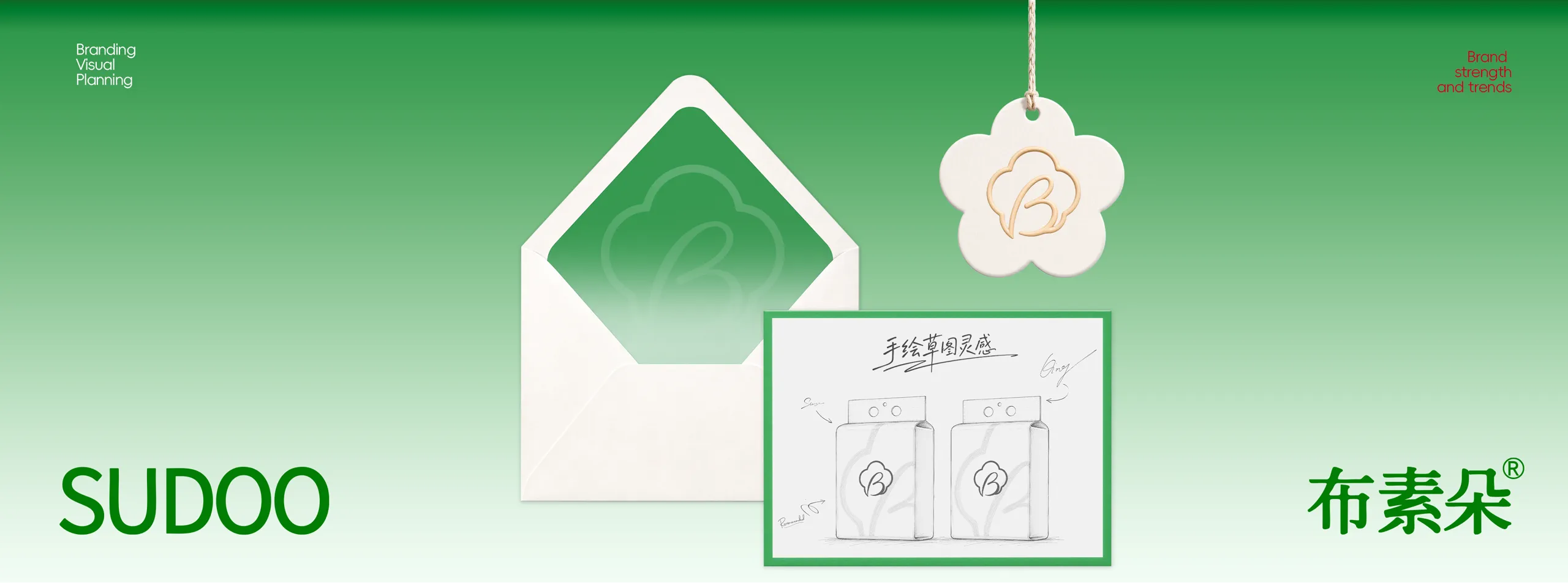 品牌视觉规划：信封与花朵形吊牌、手绘产品草图灵感，以及 SUDOO 布素朵品牌字标